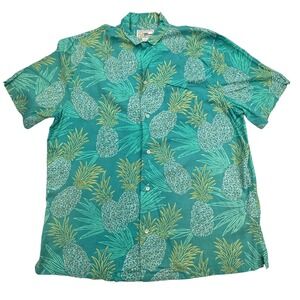 Reyn Spooner Hawaiian Shirt Mens Large Green Pineapple Leaf Beech Aloha Casual